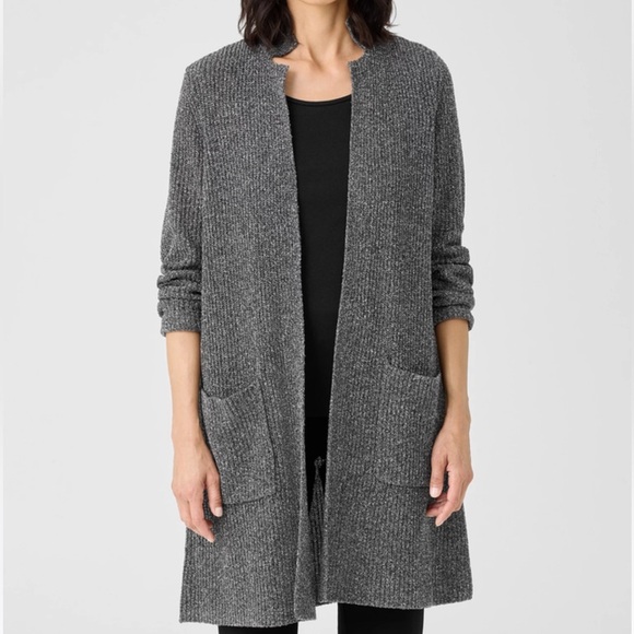 Eileen Fisher Silk Noil Stand Collar Cardigan Charcoal Medium - Picture 2 of 10